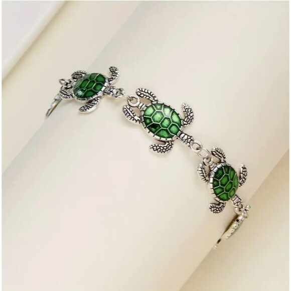 Silver GREEN Turtle Turtles Adjustable Bracelet - Picture 2 of 4